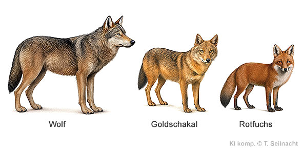 Wolf, Goldschakal und Rotfuchs im Vergleich