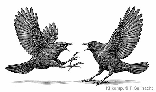 Kämpfende Amselmännchen